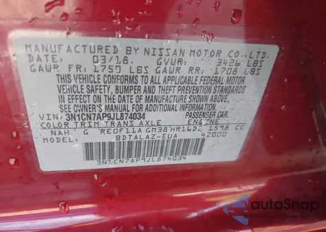 2018 Nissan Versa 1.6 S+ from USA, damaged, VIN 3N1CN7AP9JL874034